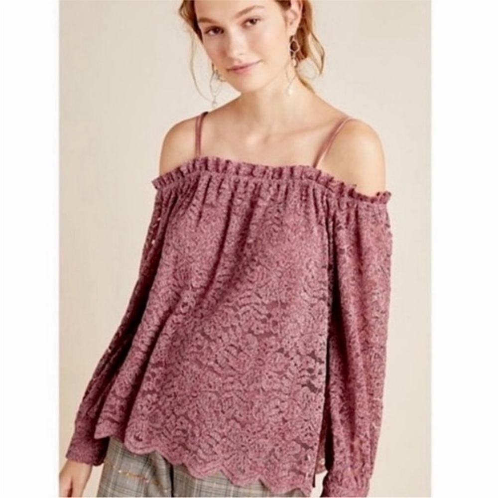 NWT Anthropologie Eri + Ali Mauve Romana Lace Off Shoulder Long Sleeve Top XS